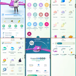 LEVEL 28 | SHINY KYOGRE | 4 GIGANTAMAX | 3 SHINY | 36 LEGENDARY | NAME CHANGE AVAILABLE | 197 RARE CANDY - Image 1