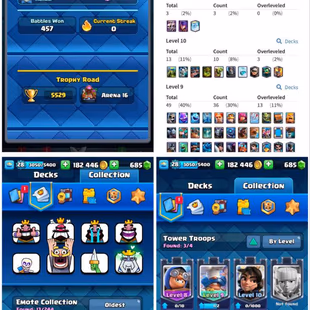 STACKED | XP-28 | | 600+ Gems | 1.8L+ GOLD | |  HTrophies: 5529 | 95/121 Cards | | ARENA 16 | 13 Rare emotes | Rare Equi - Image 1
