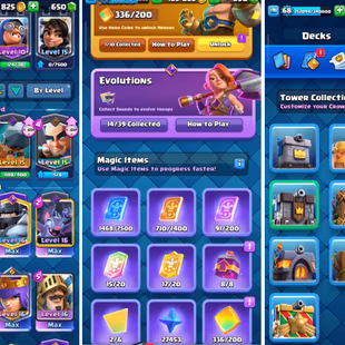 R476 | LVL68 | Cards: 11 LVL 16 | 8 LvL 15 | 14 Evolved | 1 Hero | 9 Tower Skin | 107 Emotes | Hero Coins: 336 | IOS  - Image 3