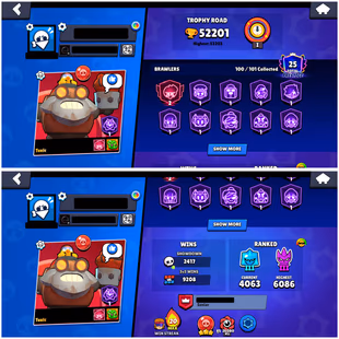 52K TROPHIES || 100 BRAWLERS || 50 MAX || 44 HYPERCHARGED || 19 BUFFIES || 302 SKINS || INSTANT DELIVERY  - Image 3