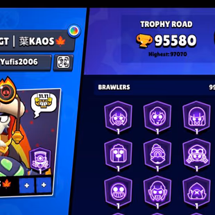 95.5K TROPHIES-90MAX BRAWLERS-99 BRAWLERS -70 HYPERCHARGED-449 SKINS-LEGENDARY 2025 🔥 CHALLENGER COLT🔥Virus 8 BIT - Image 1
