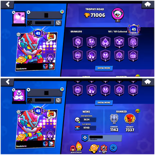 71K TROPHIES || 101/101 BRAWLERS || 48 MAX || 45 HYPERCHARGED || 20 BUFFIES || 327 SKINS || 417 GEMS || 51K GOLD  - Image 2