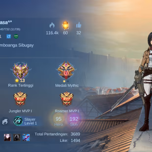 RC331|LV 51|HERO 95|SKIN 192|RENOWNED III|6 EMBLEM MAX|2 ATTACK ON TITAN (FANNY,YIN)|GRANGER PRIME|KARINA KOF|FLORYN SAN - Image 2
