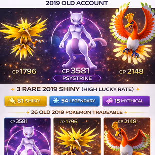 JD]🚀 26 OLD 2019 PG- TRADEABLE🚀 LEVEL 56 STACKED 2019) 81 SHINY - 54 LEGENDARY - 15 MYTHICAL - SHINY MEWTWO PSYSTRIKE - Image 1