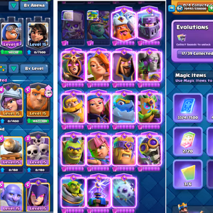 R472 | LVL62 | Cards: 24 Elite | 43 LvL 14 | 17 Evolved | 6377 gems | 8 Tower Skin | 85 Emotes | IOS And ANDROID - Image 5