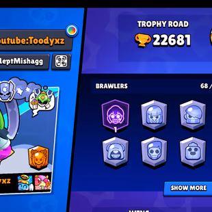 68 brawler | 22000 Trophy | 4 Max Brawler | 3 Haypercharge | 95 skin | 1 prestige| 22k trophy - Image 1