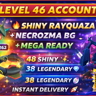 🎯LEVEL 46 PG ACCT |  48 SHINY |  38 LEGENDARY 👹 |  SHINY RAYQUAZA |  NECROZMA BG |  MEGA READY |  INSTANT DLVR - Image 1