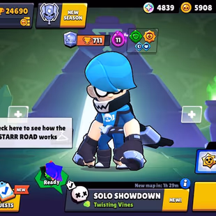 STAR BUSTER SHELLY SKIN 79 Brawlers  6 Hypercharged 11 TOTAL MAX  24500 Trophies 130 Skins  Mythic Skins  - Image 2
