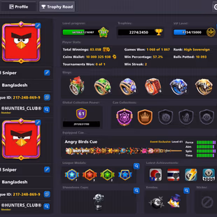 10 BILLION COINS ACCOUNT | Level 224 | 20 Legendary Cues | 5 Special Cues MAX | Miniclip Unlimited Password Changeable - Image 1