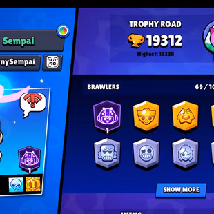19k Trophies, Star Shelly, 69 Brawlers, 6 Legendary Brawlers, 11 11 Strength Brawlers, 5 hypercharge, Description - Image 3