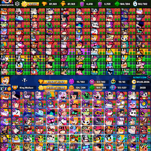 Trophy 87k💎Brawler 102x All💎Max 64x [] Hyper 54x [] Total Skins 424x [] Prestige 64 [] Profile Icones 534x [] BEST-DEA - Image 3