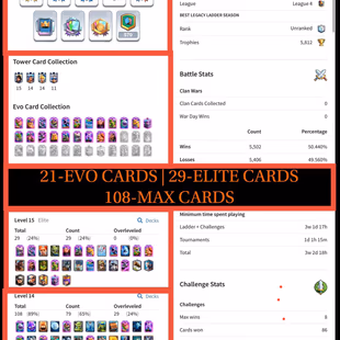 RAREST 168 EMOTES 💎 KT 15 💎 XP 61 | 10755 TROPHIES | 108 MAX CARDS | 21 EVOS | 29 ELITE CARDS | INSTANT DELIVERY - Image 3