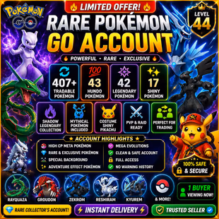 🎯BEST VALUE (HUNDO 43 💯IV) LVL 44 ACCT 2023 / 407 TRADEABLE PG) ZAPDOS PIKACHU PG RARE) 42 LEGENDRY | RARE COLLECTOR - Image 1