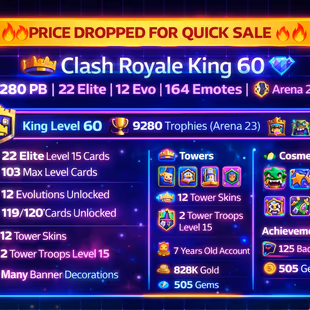 🎯FLASH SALE 7 YEAR OLD  ACCT👹 ARENA 23[]KT 15-XP 60 [] 9280 TROPHIES [] 103 MAX- 22 ELITE- 12 EVO 164 EMOTES[]12 SKINS - Image 1