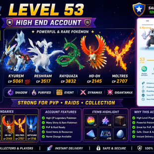 🎯HIGH VALUE ACCT LEVEL 53 🐉 RAYQUAZA RESHIRAM | KYUREM 506 CP / 154 LEGENDARY | RARE COLLECTOR - Image 1