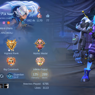 MLBB | 1K Naa | RECALL TAS TAS | LV 76 | TRANSFORMER ROGER + KARINA KOF + 11.11 X.BORG | 125 HEROES | 289 SKINS | MX EMB - Image 1