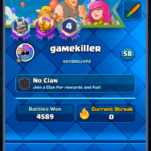 XP-58|LVL14 - 36 cards|LVL15 - 7 cards|LVL16 - 1 cards|15 EVO|Trophies:10347|121/121 Cards|77 EMOTE|4271 GEMS - Image 3
