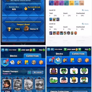 STACKED | XP-34 | 700+ Gems | 2.4L+ GOLD | |  HTrophies: 7063 | 114/121 Cards | | ARENA 19 | 22 Rare emotes | | Android  - Image 1