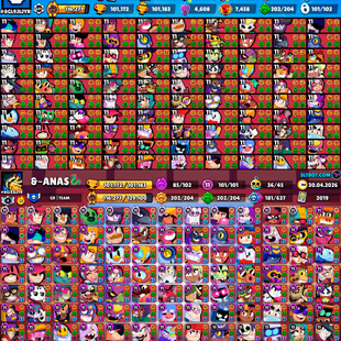 Trophy 101K💎All 101x Brawler Max💎Running Mythic 1 Rank [] Prestige 96 [] Total Skins 558x [] Icones 622x [] Best-Deal - Image 1