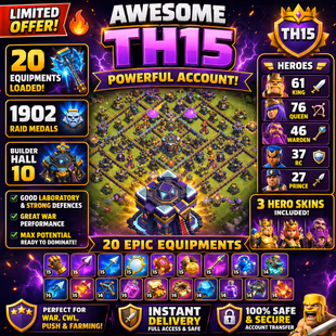 🎯[LIMITED OFFER]  AWESOME TH15 🐓 / 20 EQUIPMENTS LOADED | 1902 RAID MEDALS | BH10 | HEROES STRONG | INSTANT DELIVERY  - Image 1
