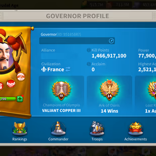 77M - Vip 16 - 12 Commanders - 61 Passport - 22.5 M Credit - 21K Gems  - 4 Farms - 1  Skin house - Image 3