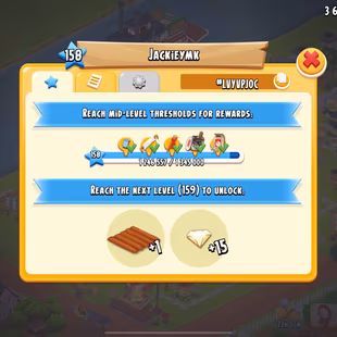 LEVEL 158 [] DIAMONDS 1081 [] BARN 10250 [] SILO 3850 [] VOUCHERS  [] COINS 3.6 M [] MAINLAND UNLOCKED - Image 6