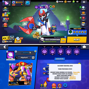 65K Trophies | 100/100 Brawlers | 34 Max Brawlers - 32 Hypercharges | 373 Skins | 1049 Pins | 469 Icons | 222 Sprays - Image 3