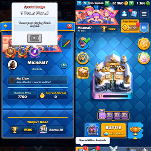 🔥9 Years Played🔥22 Cards Lv15-Lv14 [ 15 Cards Max ] 13 Evo! 11500 Trophy! Level 71! KT Level 15! NC Free! 102 Emote! - Image 1