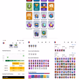 MOST RARE || 74 XP || RANK ACCOUNT || 32 EVO CARD || 89 CARD LEVEL 15 || 6 CARD LEVEL MAX || 47 Tower skin || 248 EMOTE  - Image 1