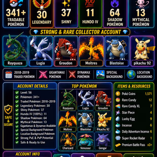 🎯2018 LEVEL 56 PG ACCT  | LUGIA PIKACHU 🐓/ 11 TRADABLE | 30 LEGENDARY | 37 SHINY | 11 HUNDO  | RARE COLLECTOR - Image 2