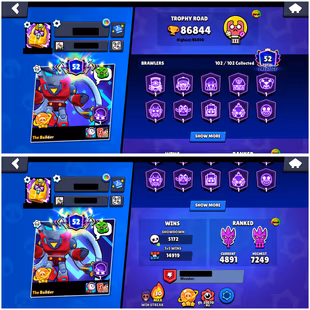 86K TROPHIES || 102/102 BRAWLERS || 36 MAX || 36 HYPERCHARGED || 27 BUFFIES || 328 SKINS || 332 GEMS || 48K BLINGS - Image 3
