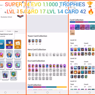 🎯ARENA-27 KT-15 LV 60 👹SUPER 13 KT SKINS | EMPEROR KING BALLOON EMOTE | ALMOST MAXED CARDS 11K TROPHIES INSTANT DLVR  - Image 3