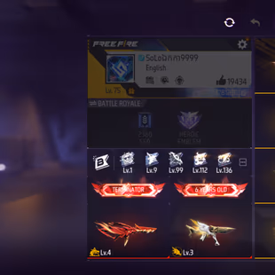 X272|Lvl 75|64 CHARACTER|214 BUNDLE|FFWS LEGENDARY SET|438 COSTUME|107 BACKPACK|401 WEAPON(2 EVO+86 MYTHIC)|M4A1 Inferna - Image 3