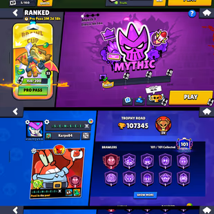 Trophy 107K [Full Max]💎All Max Brawler💎Skins 501x [] Legendary Rank 1 Hit [] Gold 69K [] Running Rank Mythic 1 - Image 1