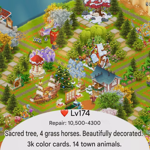 Level 174 | 100 plus 🔴 9.8M Coins 🔴 Barn 10.5K - Silo 4.3K - 14 Town Animals - 4 Grass Horses  - Decoration - 3K Cards - Image 1