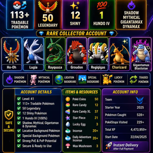 🎯LEVEL 41 PG ACCT | SHINY RAYQUAZA HO-OH / 113 TRADABLE | 50 LEGENDARY | 13 SHINY | 1 HUNDO 💯 | RARE COLLECTOR - Image 1