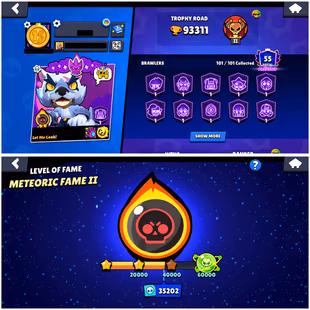 [ PREMIUM #1 ] METEORIC FAME 2 | 93K TROPHIES | 101 BRAWLERS MAX | 101 HYPERCHARGED | 38 BUFFIES | 382 SKINS | 708 GEMS  - Image 3