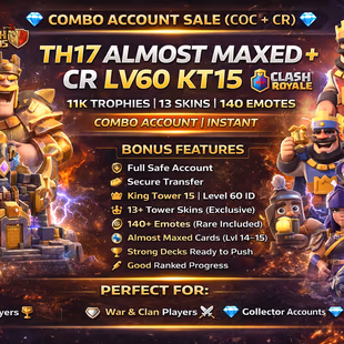 🎯COMBO ACCT COC CR | TH17 ALMOST MAXED 👹| CR LV60 KT15 | 11K TROPHIES | 13 SKINS | 140 EMOTES | INSTANT - Image 1