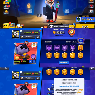 52.9K TROPHIES | 98 BRAWLERS | 54 MAX BRAWLERS | 52 HYPERCHARGES | 303 SKINS | 4 PRESTIGE | 16 BUFFIES - Image 2