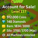 Hay Day Level 137 🔥Barn 3000 🔥Silo 3700 | Full Machines  Pets | 148 Diamonds
