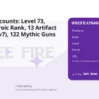 Free Fire Accounts: Level 73, Prime 8, Heroic Rank, 13 Artifact Weapons (Lv7), 122 Mythic Guns