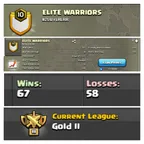[] NAME : ELITE WARRIORS [] LEVEL: 10 [] CAPITAL HALL: 6 [] WAR WON: 67 [] CWL: GOLD 2