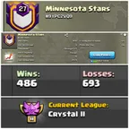  [] NAME : Minnesota Stars [] LEVEL: 27 [] CAPITAL HALL: 10 [] WAR WON: 486[] CWL:  CRESTAL 2 [] INSTANT DELIVERY 