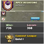 [LIMITED OFFER]1000UP WAR PLAYED[] NAME : APEX ASSASSINS [] LEVEL: 29 [] CAPITAL HALL: 10 [] WAR WON: 735 [] CWL: GOLD 1