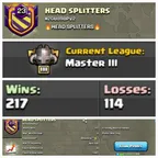CU-3307CLAN LEVEL 23MASTER LEAGUE 3NAME: Head Splitters CP MAXED  RARE ENGLISH NAME  CLAN CAPITAL 10 || WIN- 217