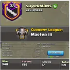 Clan Level 33 -- Clan Name-  Supermans  -- Master 3 League -- Capital hall 10 -- Win 548 and loss 556 -- Single name -- 