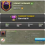 Silent Killer [] Level 20 [] League Crystals-2 [] War Log Win 154 [] Lost 156 [] Capital Hall 10 [] BEST-DEAL
