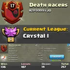 Level 17 clan || clan capital 10 || crystal 1 || positive warlog 136-107 || name - Death racers