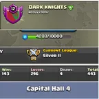 Clan Name -- DARK KNIGHT  -- Level 12 -- Silver 2 League -- Capital hall 4 -- win 143 and loss 296 -- Most rear clan in 