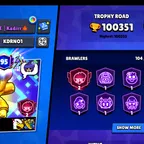 345-GEM/17K 3V3 WIN | 100.5K TROPHY - 410X SKINS | NC-YES | 105/104X BRAWLER | 74X MAX | 64X HYPER | ALL ARE LVL-10